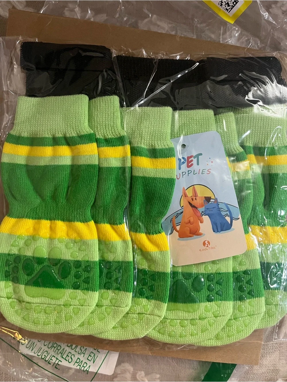 Non-Branded Green & Yellow Striped Dog Socks with Anti-Slip Soles